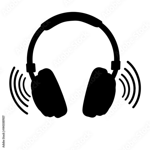 Headphones emitting sound waves in black and white, music symbolism
