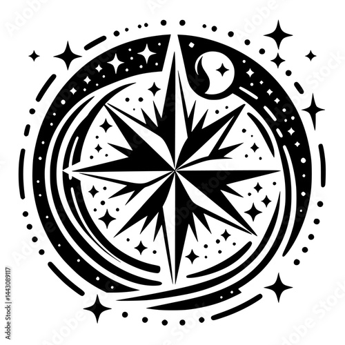 Celestial Compass: Elegant Black & White Starburst Illustration