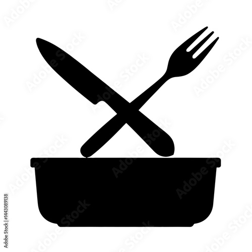 Silhouette of crossed fork and knife over lunchbox lid, meal prep