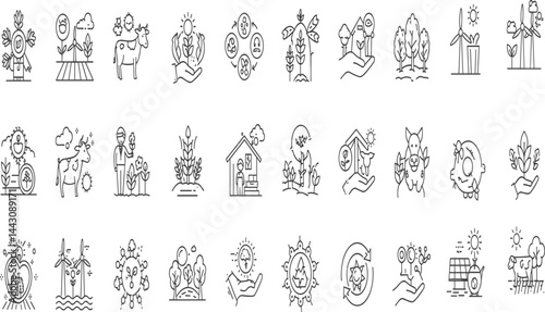 Eco Farm, Sustainable Agriculture line icon set. Vector pictograms of organic farming, renewable energy, animals, irrigation, recycling, solar panels, wind turbine 