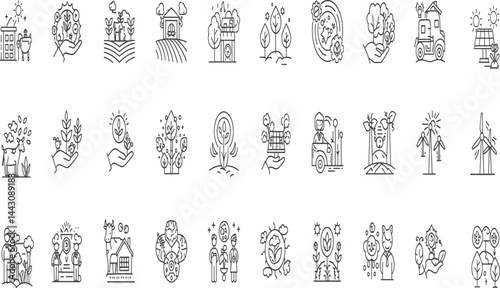 Eco Farm, Sustainable Agriculture line icon set. Vector pictograms of organic farming, renewable energy, animals, irrigation, recycling, solar panels, wind turbine 