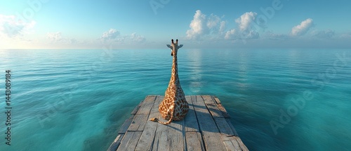 A serene giraffe rests on a wooden platform afloat on a tranquil sea.