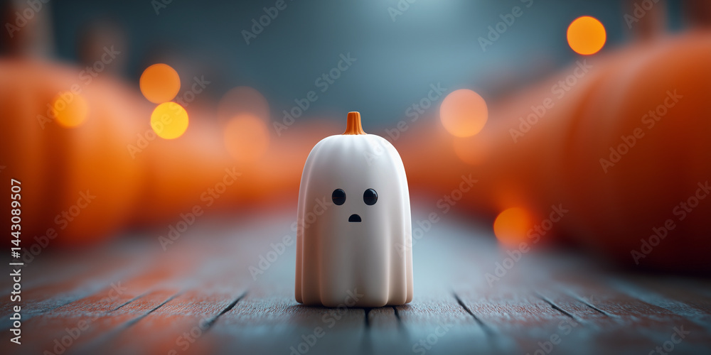 Kleine Geister-Figur als Halloween-Dekoration auf Holzuntergrund mit warmen Bokeh-Lichtern