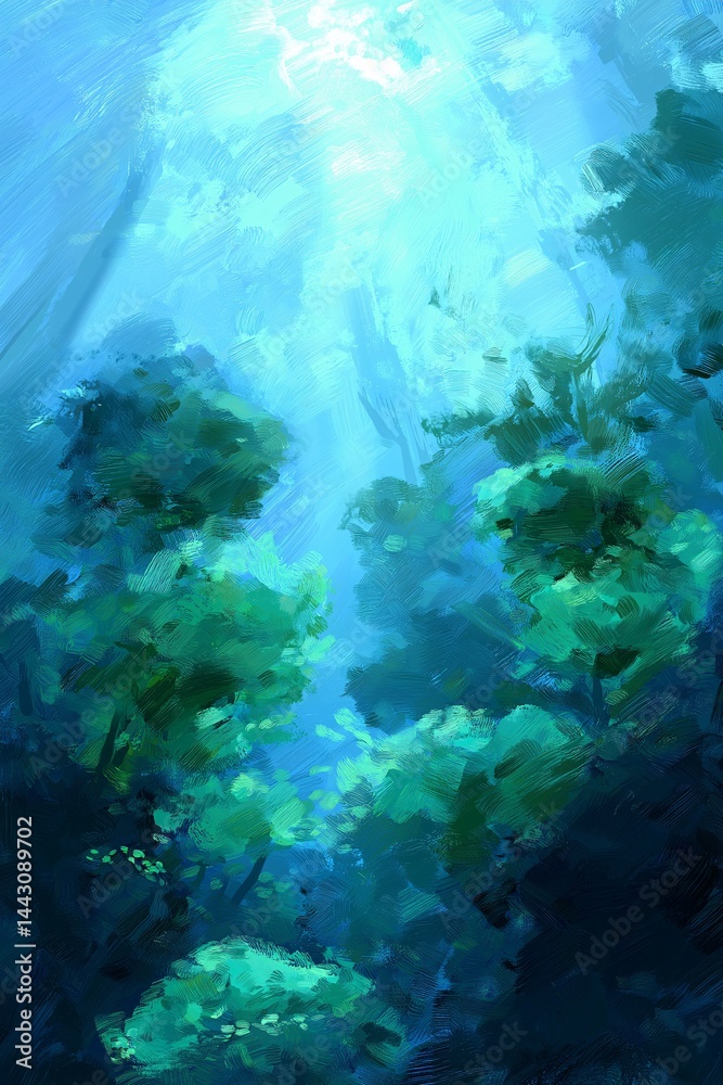 Fototapeta premium Forest light filters through green tree leaves, abstract illustration.