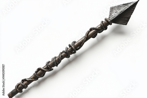 Unique handcrafted spear with intricate design and detailed craftsmanship displayed on a neutral background photo