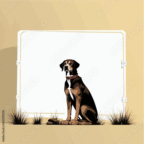 Loyal Dog Portrait_Brown and Black Hound Illustration_Sitting Patiently in Front of a Blank White Board_Pet Artwork for Home Decor and Dog Lovers_Canine Art Print