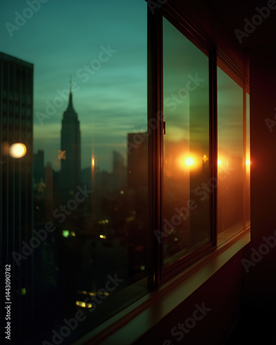 New York City, downtown Manhattan view through office, condo, apartment windows in a cinematic moody artsy film style lighting and movie scene at dawn, evening, night