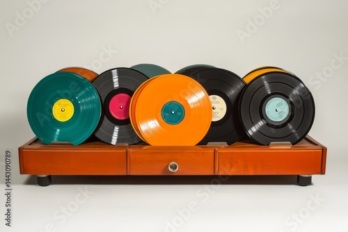 Retro vinyl records with a classic turntable in the background.