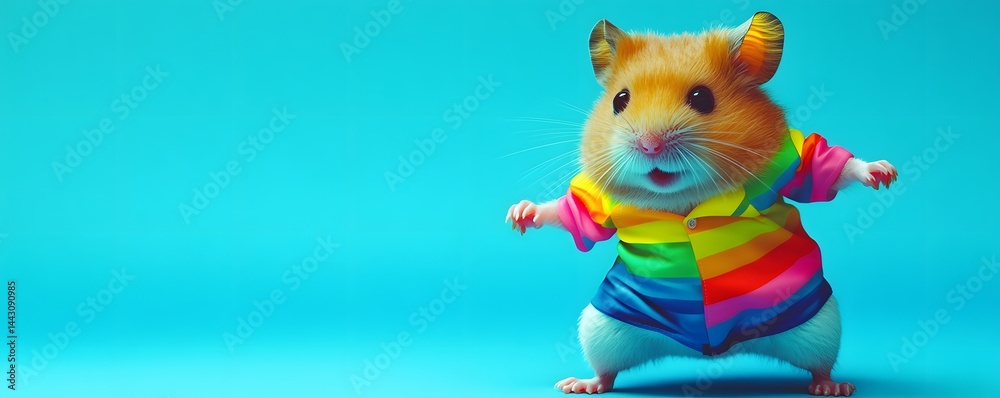 Naklejka premium Adorable hamster proudly wears a colorful rainbow shirt and pants