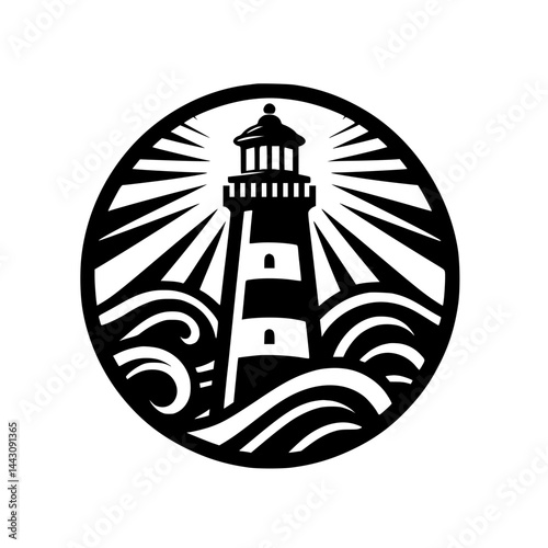 Coastal Lighthouse Emblem: Black & White Circular Design