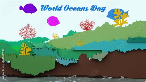 3D World Oceans Day artwork with clean ocean typography and environmental theme. Perfect for posters, cards, social posts, and campaigns promoting ocean protection and awareness.

