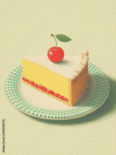 Illustration drawing, painting, pencil colored handdrawn of a yummy delish cheese cake slice, cheese pie with a red sweet cherry on top, on a lovely plate, in pastel color tone