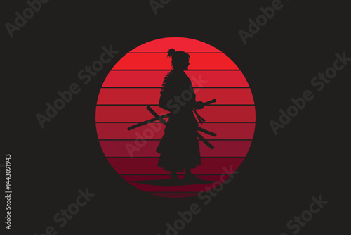 Samurai design with red moon in silhouette style