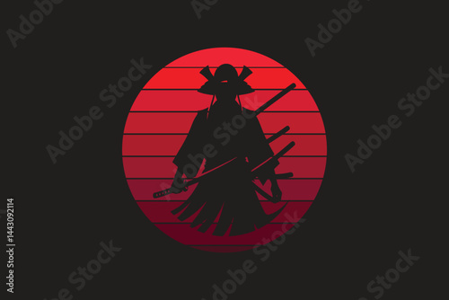 Samurai design with red moon in silhouette style