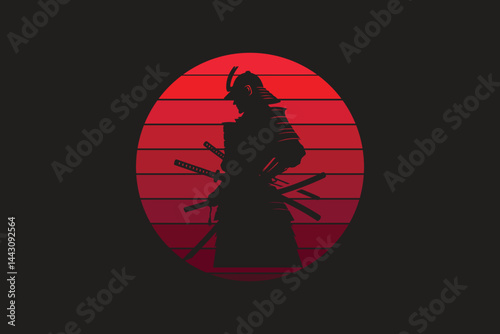 Samurai design with red moon in silhouette style