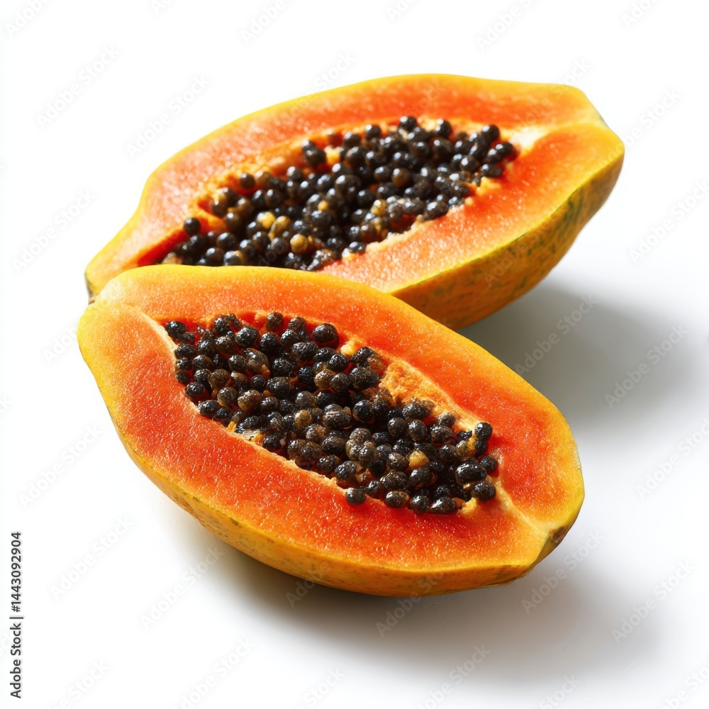 Halved papaya fruit showing seeds against a white backdrop close up