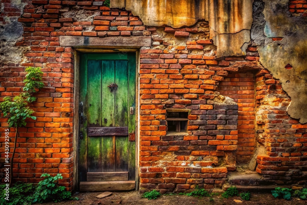 Fototapeta premium Old Broken Doorway in Weathered Brick Wall - Rustic Architectural Detail Stock Photo