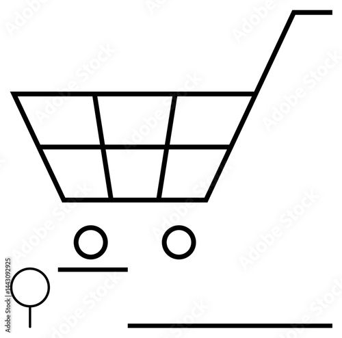 Shopping cart with grid structure and wheels, reflecting commerce, retail, and consumer behavior. Ideal for e-commerce, retail studies, business strategy, minimal design aesthetics, logistics trade