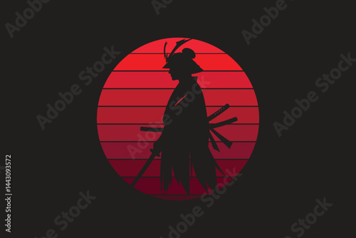 Samurai design with red moon in silhouette style