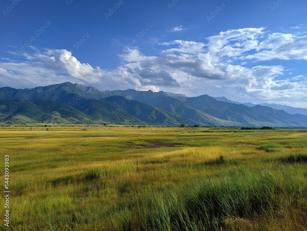 Naklejka premium Serene mountain range landscape under a bright blue sky with fluffy clouds and vibrant green and yellow grass field capturing the beauty of nature in a wide angle shot