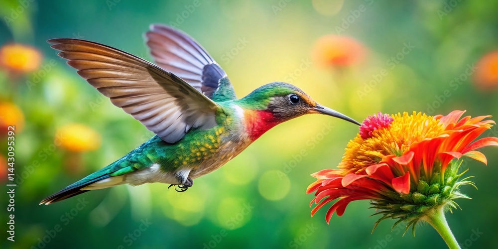 Obraz premium Panoramic Hummingbird Nectar Feeding on Vibrant Flower