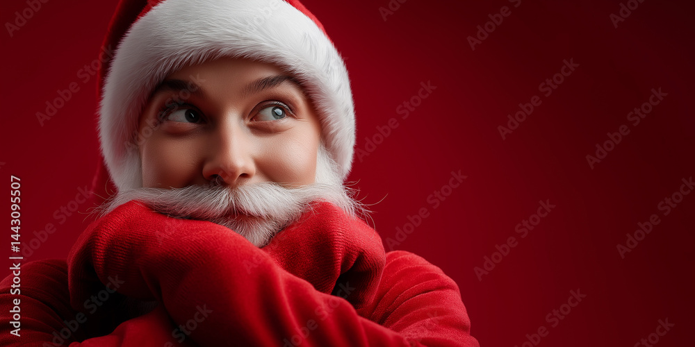 Überraschter Mann in Weihnachtsmann-Kostüm versteckt sein Gesicht hinter rotem Schal vor rotem Hintergrund