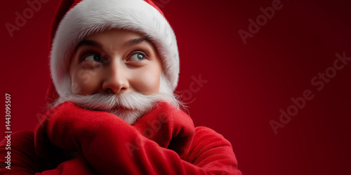 Obraz na płótnie Überraschter Mann in Weihnachtsmann-Kostüm versteckt sein Gesicht hinter rotem Schal vor rotem Hintergrund w salonie