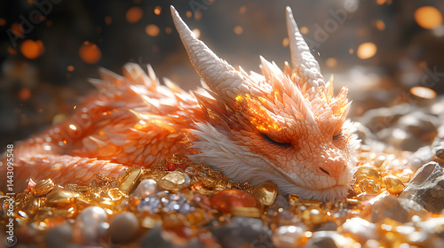 A majestic orange dragon, eyes closed, peacefully sleeps amidst a treasure hoard of glittering gold, jewels, and pearls.  Magical light accents the scene.