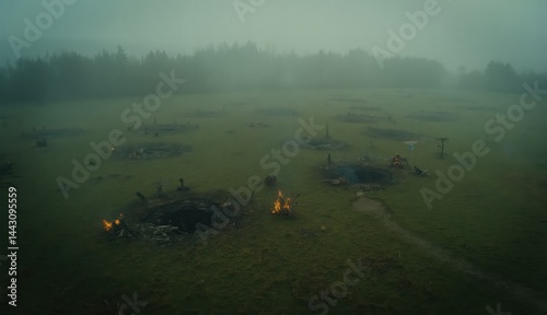 A foggy field displays circular blackened fire marks from extinguished Beltane bonfires scattered across the grassy terrain surrounded by forest photo