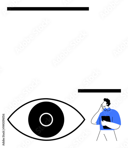 Minimalist design with a large eye symbol and a person holding documents in deep thought. Ideal for creativity, observation, vision, strategy, reflection, focus, and a simple landing page