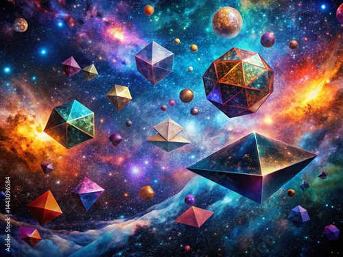 Panoramic Space Scene: Vibrant Abstract Shapes Floating in Cosmic Nebula