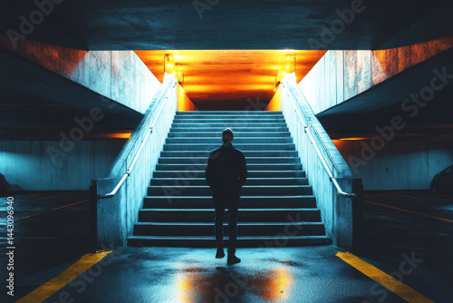 Man standing in dark tunnel.