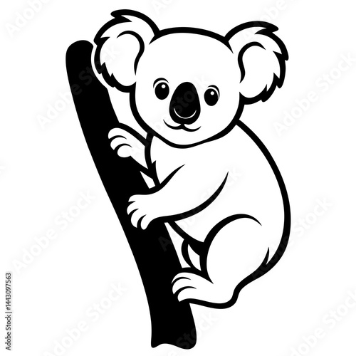 Koala silhouette perched on a tree branch with detailed leaves in black and white