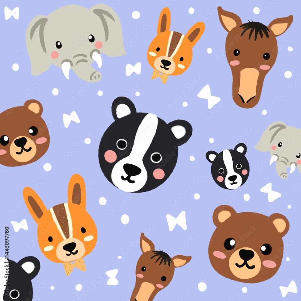 Fototapeta premium Cute animal faces on a bright background.