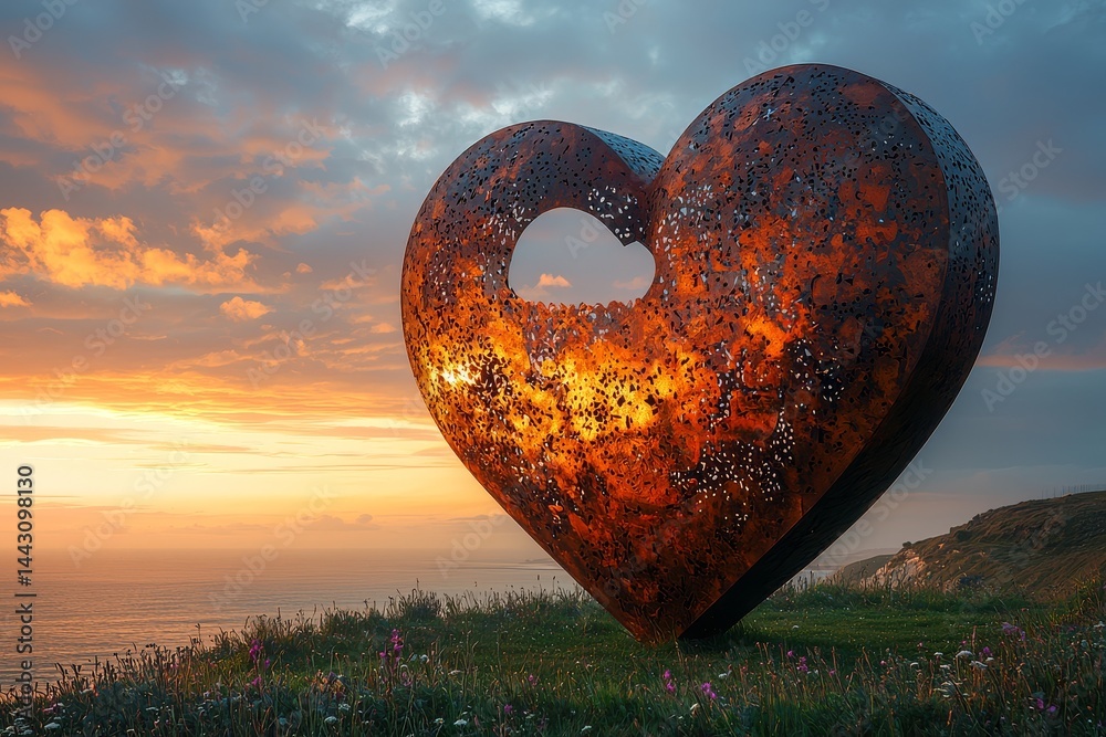 Fototapeta premium Large metal heart sculpture on a hill at sunset, framed by golden and pink rays with wildflowers in the foreground.