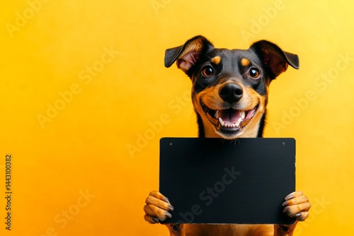 Marketing pet expression. Isolated dog on a solid suit yellow background. Ð¡ute adult dog greyhound hold in front paws a prototype - large dark black avenue sign. Studio ad with dog. photo