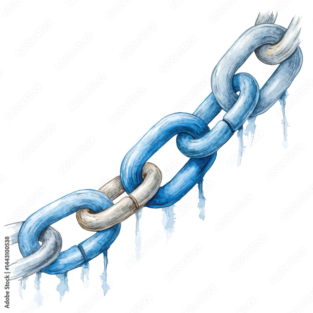 Fototapeta premium Watercolor illustration of metal chain links with icicles hanging down.