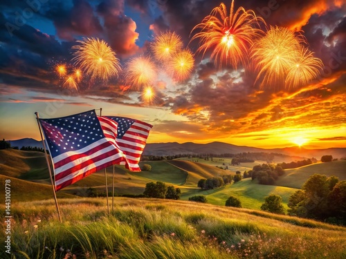 Patriotically Festive Fourth of July Landscape: American Flag, Fireworks, and Nature