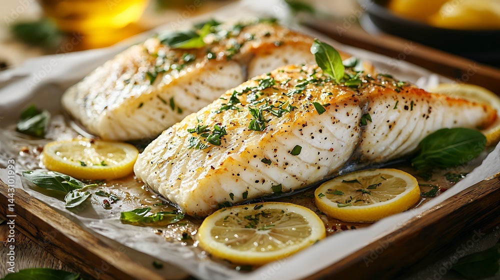 Prepared fish dish with lemon and herbs Prepared fish dish with lemon and herbs