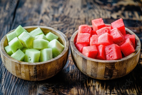 Cubed cantaloupe and watermelon in wooden bowls photo