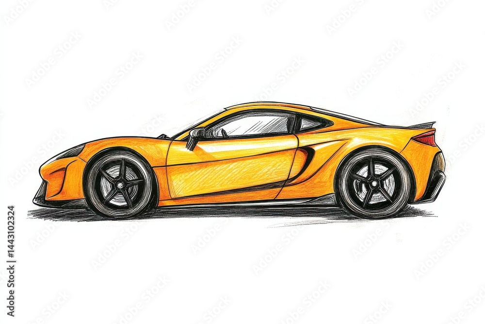 Naklejka premium Sleek orange sports car design showcased in a side view illustration from a creative workshop