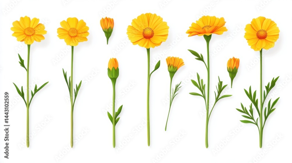 Fototapeta premium Collection of vibrant calendula flowers with delicate petals and lush green stems against a clean white background creating a visually appealing botanical illustration