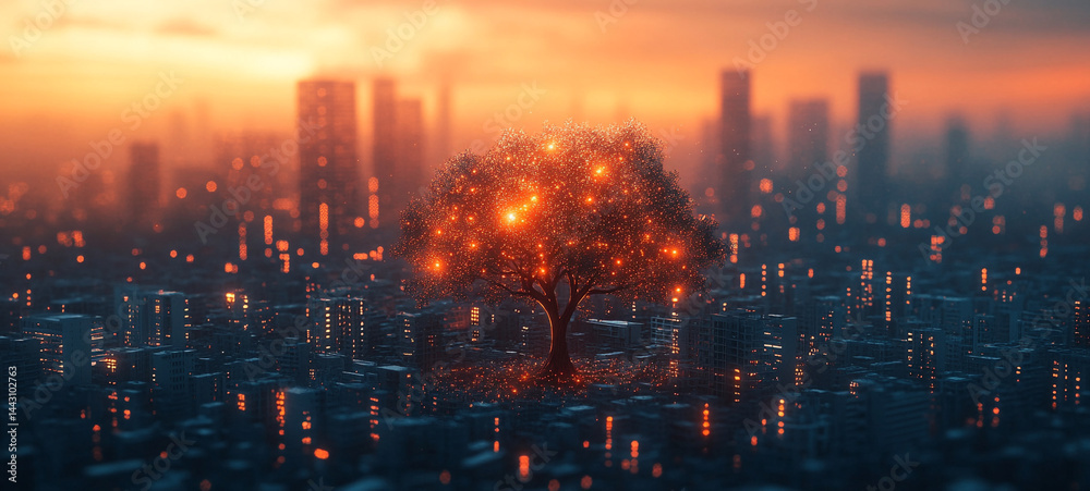 Illuminated Tree Against Urban Skyline Digital Art Sunset Aesthetic Conceptual Illuminated Tree Against Urban Skyline Digital Art Sunset Aesthetic Conceptual