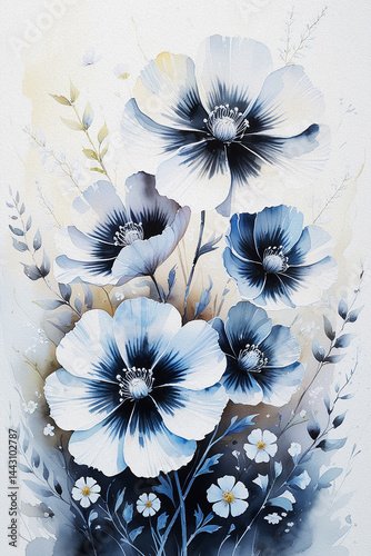 white flowers on blue background