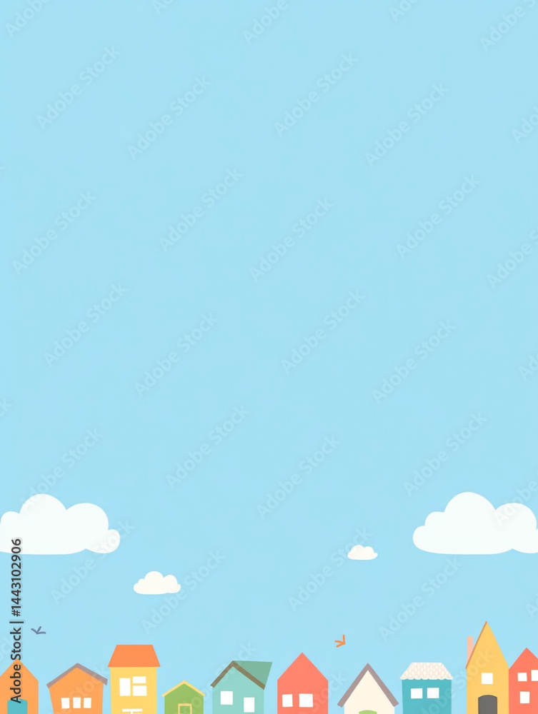 The image shows a collection of colorful houses with various roof styles under a clear blue sky with two clouds. The vibrant colors and simple design make it visually appealing. The image shows a collection of colorful houses with various roof styles under a clear blue sky with two clouds. The vibrant colors and simple design make it visually appealing.