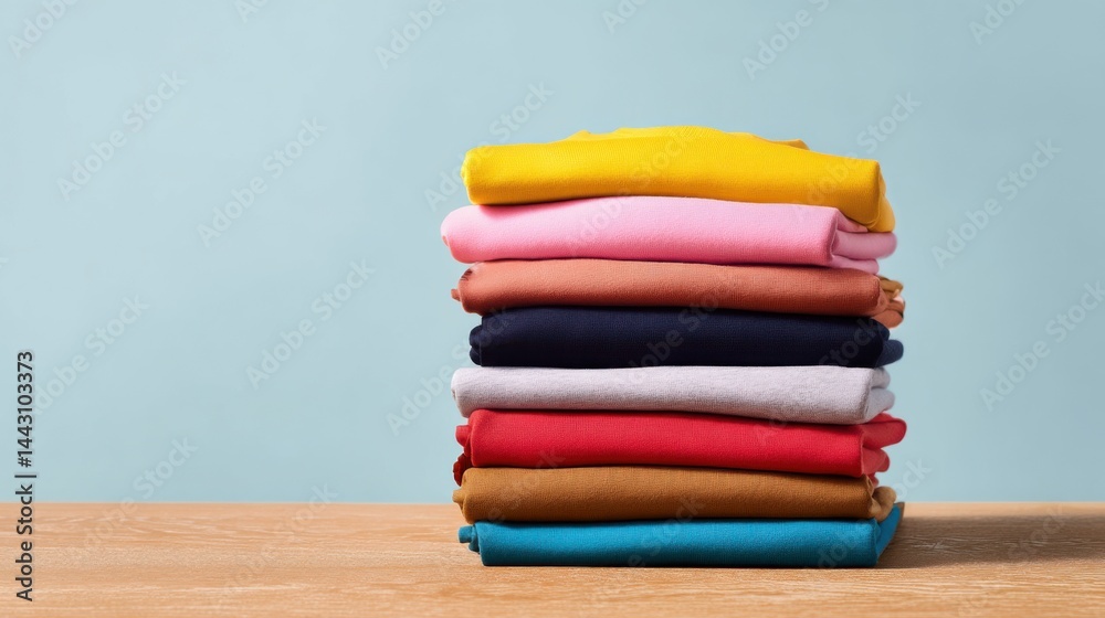 Colorful stack of neatly folded clothes on a wooden table with a light blue background arranged for display or organization Colorful stack of neatly folded clothes on a wooden table with a light blue background arranged for display or organization