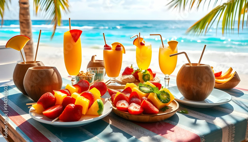 Colorful Tropical Fruits and Refreshing Drinks on a Beach Table with Palm Trees photo