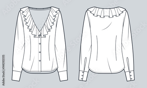 Women Ruffled Blouse Technical Fashion Illustration. Long Sleeve Shirt fashion flat technical drawing template, front and back view, button closure, white, women CAD mockup.