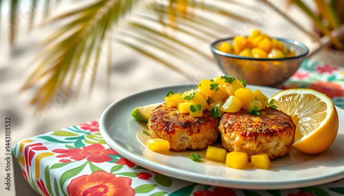 Delicious Crab Cakes with Fresh Mango Salsa and Lemon on a Colorful Beach Tablecloth