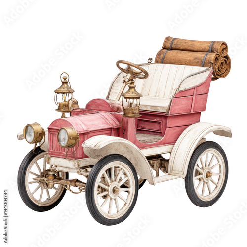 A decorative antique car model in pink and white stands on a white background.